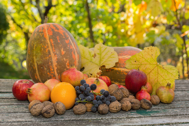 autumn fruits set on a wooden table, outdoor - Foto, afbeelding