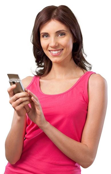  woman in pink shirt with phone  - Photo, image