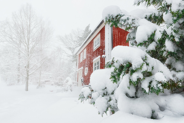Красный дом в снегопаде
 - Фото, изображение