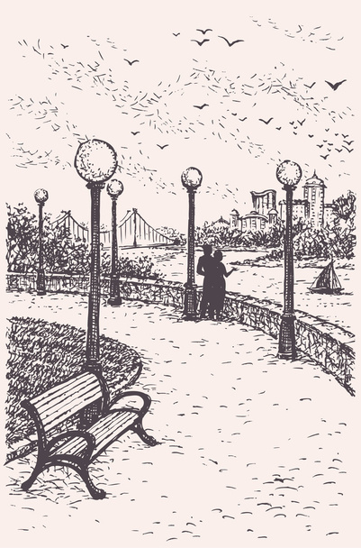 Vector landscape. Young couple on a park promenade with benches - Vector, Image