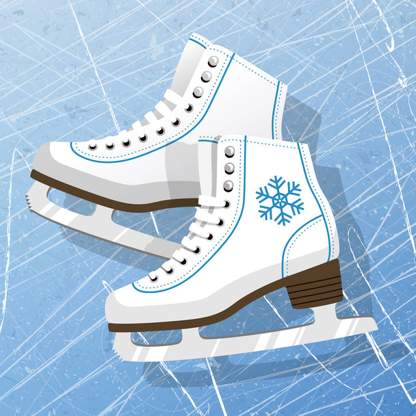 Pair of white Ice skates. Figure skates. Womens ice skates. Texture of ice surface. Vector illustration background. - Vector, Image