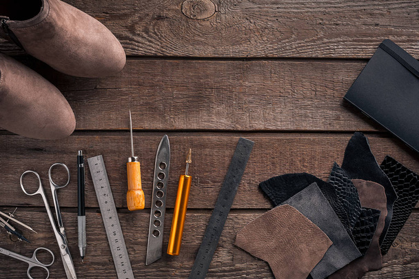 Leather crafting. Tools flat lay still life - Photo, Image