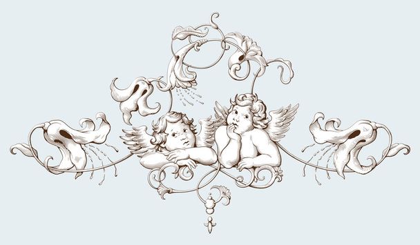 Vintage decorative element engraving with Baroque ornament pattern and cupids - Vector, Image