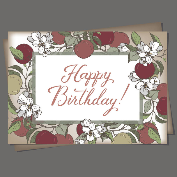Plantilla romántica de tarjeta de cumpleaños en formato Landscape A4 con caligrafía, flores y boceto de manzanas
. - Vector, imagen