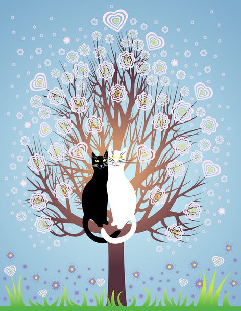 In love cats on a flowering tree - Vector, Image
