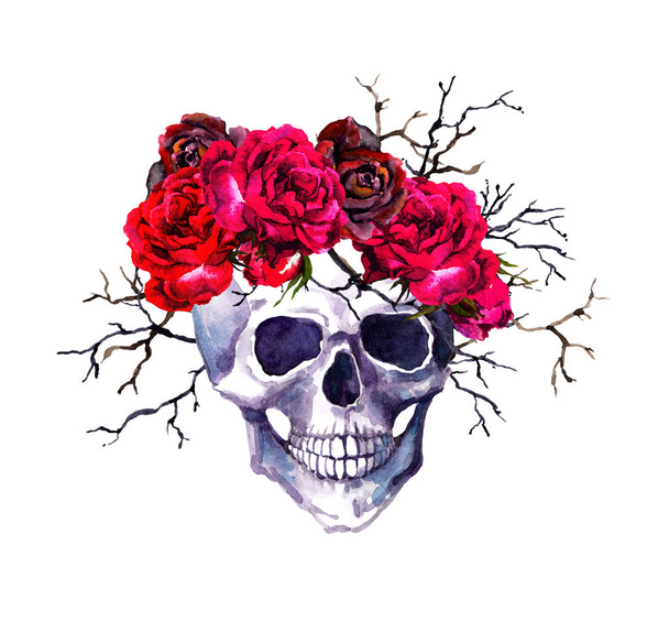 Human skull, red roses, branches. Watercolor for Halloween - Fotografie, Obrázek
