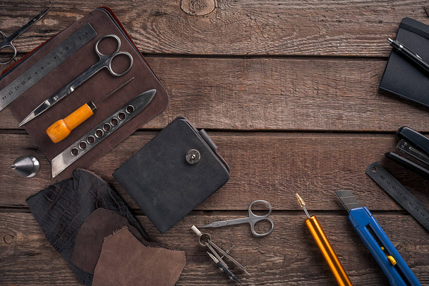 Leather crafting. Tools flat lay still life - Photo, Image