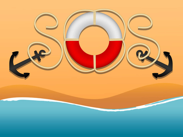 A nemzetközi vészjel és kérdezés részére segít. SOS feliratok a kötelek és a Mentőöv formájában. Horgony, mentőgyűrűt, kötélzet a tenger. Strand és a hullám. Lapos rajzfilm stílusú. Vektor kép. - Vektor, kép