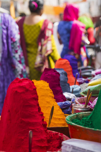 Colorful tika powders on indian market, India , Asia - Photo, Image