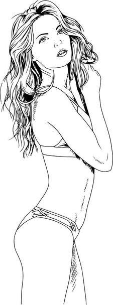 mooi slank meisje in een zwembroek getekend in inkt met de hand op een witte achtergrond  - Vector, afbeelding