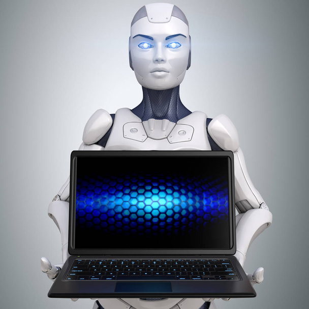 Robot celebración de un ordenador portátil abierto
 - Foto, imagen