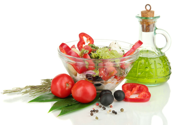 Fresh greek salad in glass bowl isolated on white - Valokuva, kuva