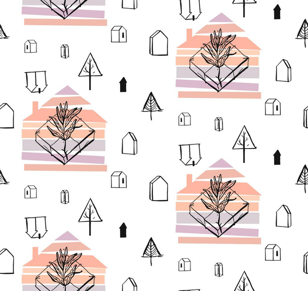 Winter forest - seamless vector pattern with trees, deer, houses, snowflakes, foot prints - Wektor, obraz
