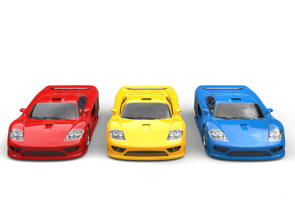 Red, yellow and blue concept super sports cars - top front view - Photo, Image