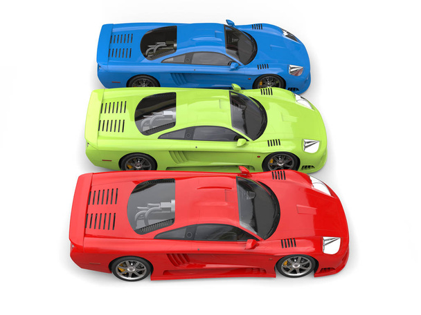 Κόκκινα, πράσινα και μπλε έννοια σούπερ σπορ αυτοκίνητα - προβολή επάνω πλευρά - Φωτογραφία, εικόνα