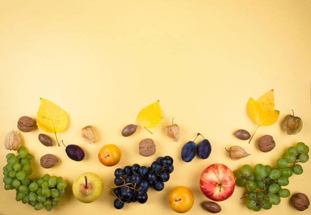 Autumn fruits and nuts on yellow background. - Foto, Imagen