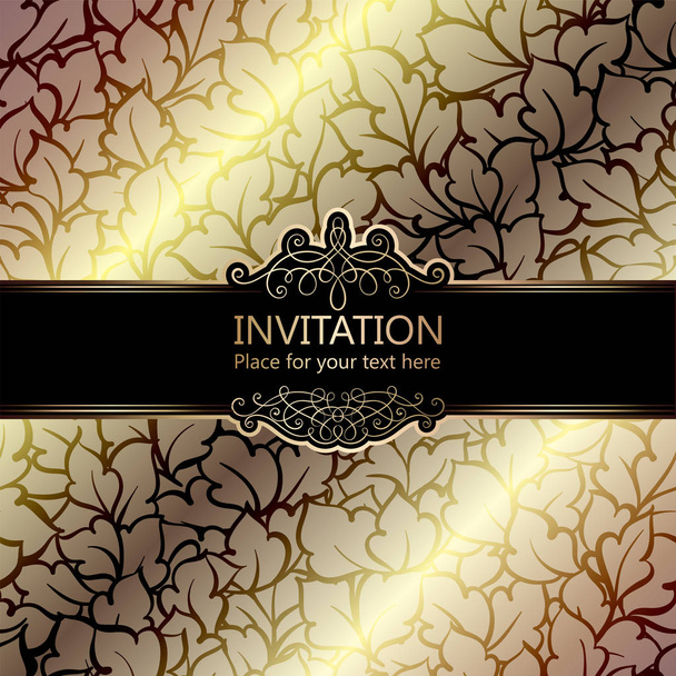 Abstract background with roses, luxury beige and gold vintage frame, damask floral wallpaper ornaments, invitation card with place for text, baroque style booklet, fashion pattern, template for design - Vector, Image