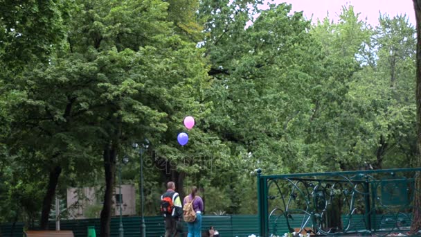 people go on the street and carry hand balloons - Filmati, video