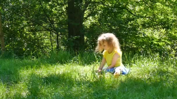 Garota brincalhona desfrutando de um clima quente de verão ao ar livre no parque durante o dia ensolarado. Criança feminina pegando grama verde e olhando para a câmera
. - Filmagem, Vídeo
