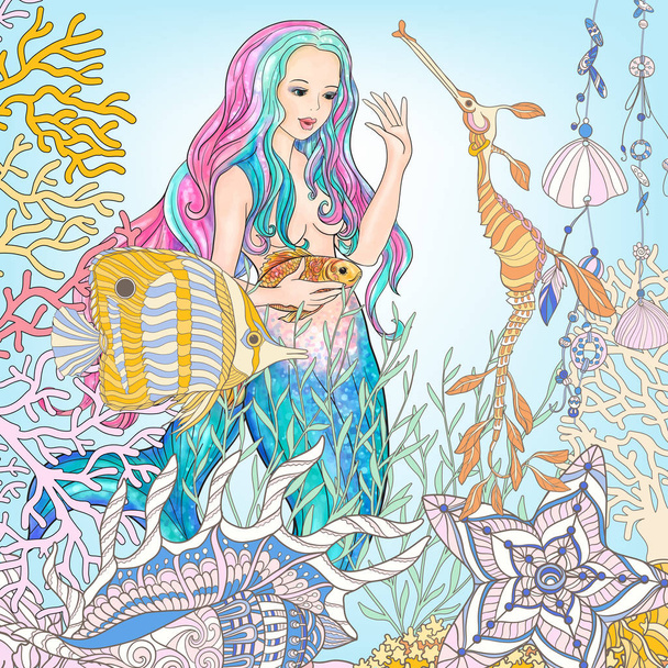 Hand drawn mermaid with gold fish in underwater world. Linen col - Vektor, obrázek