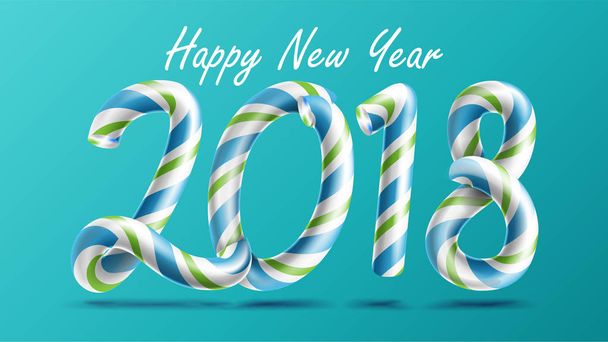 2018 mutlu yeni yıl vektör. Noel renklerde 3D sayı işareti. Klasik Xmas şeker kamışı. Yeni yıl Poster, tebrik kartı, broşür, el ilanı tipografi şablon tasarımı. İzole illüstrasyon - Vektör, Görsel