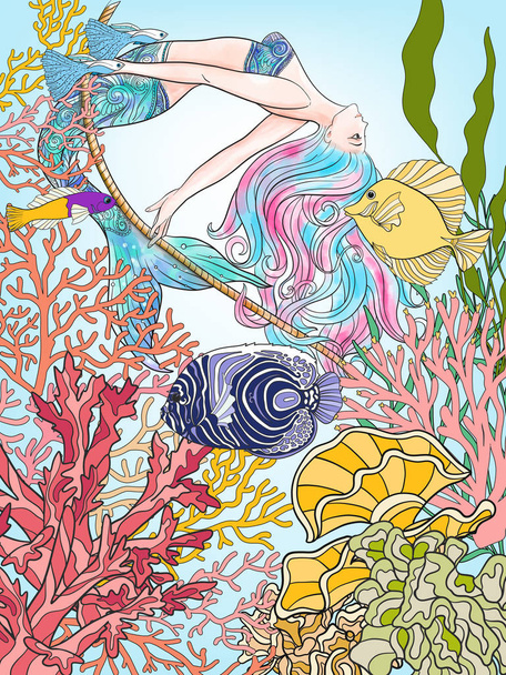 Hand drawn mermaid swinging on rope in underwater world. Linen c - Vektor, obrázek