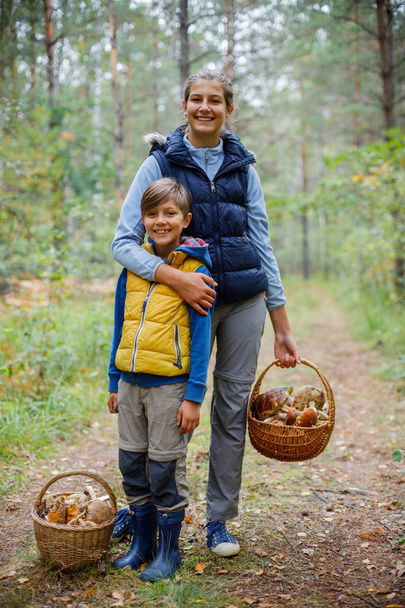 Mushrooms picking, season for mushrooms - lovely kids with picked fresh edible mushrooms - Fotografie, Obrázek