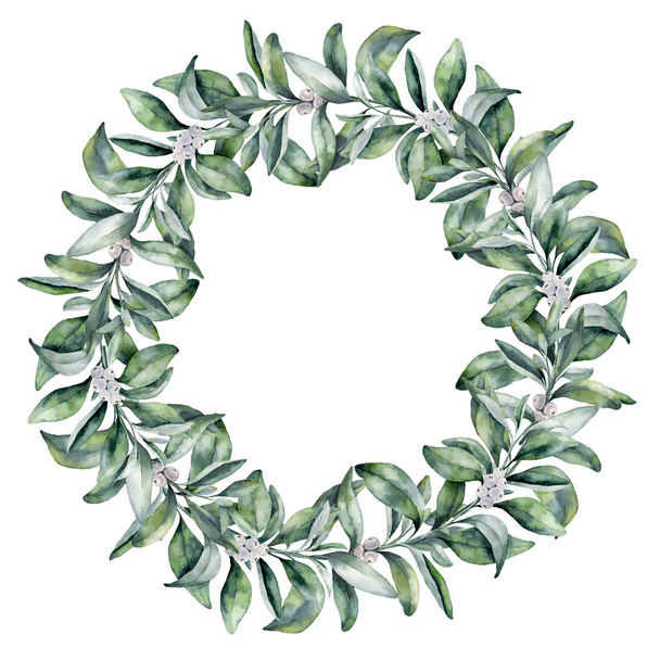 Watercolor snowberry wreath. Hand painted border with snowberry branch and white berry isolated on white background. Christmas botanical clip art for design or print. Holiday plant. - Photo, image