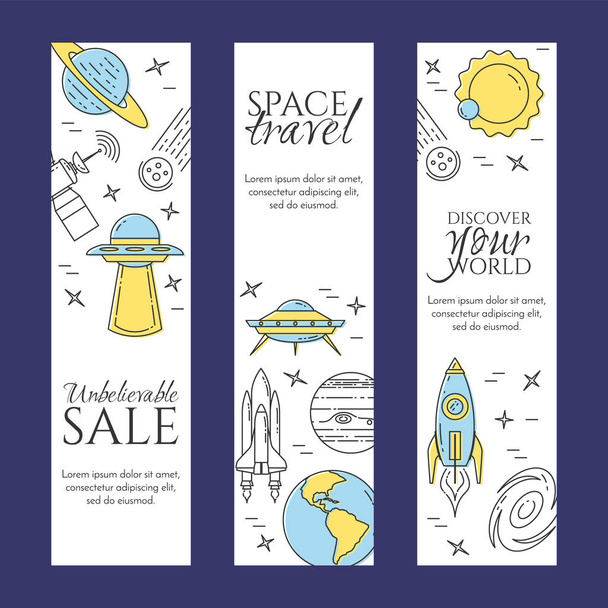 Space utazási vonal banner. Elemek, a bolygók, űrhajók, ufo, műholdas, messzelátó és más cosmos piktogramok. - Vektor, kép