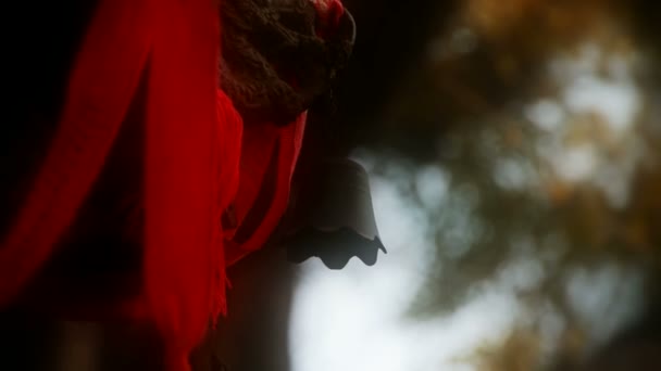 Dragão e sino de metal no incensário, fita vermelha soprando no vento, árvores, sombra
. - Filmagem, Vídeo