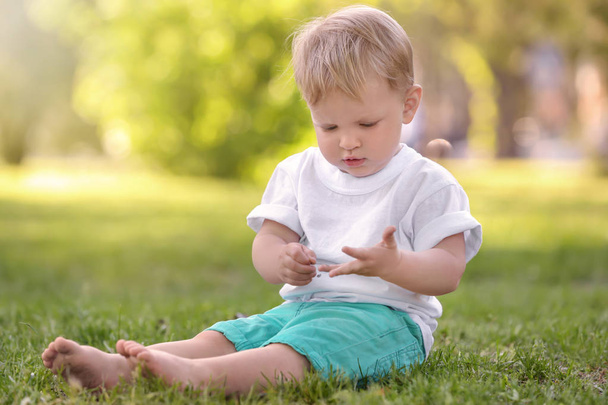 Cute baby boy sitting on green grass in park - Foto, Bild