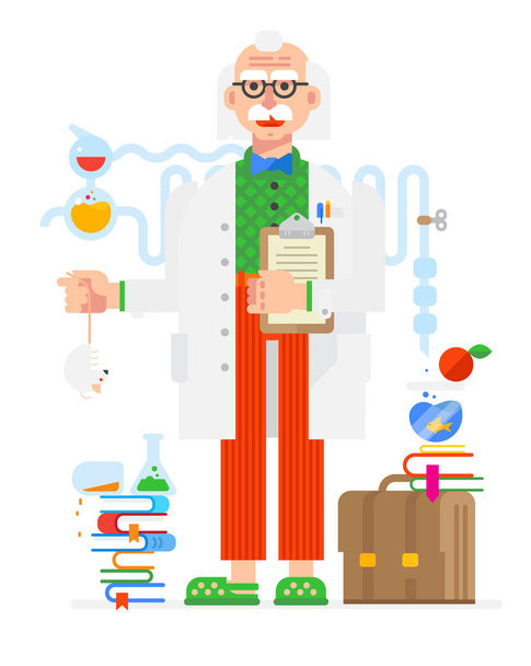 Scientist in the style of the cartoon. Isolated object on white background. Vector illustration. Flat vector illustration. Characters design. - Vector, Image