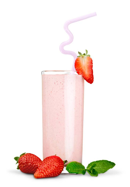 Glass of strawberry milkshake isolated on white background - Foto, imagen