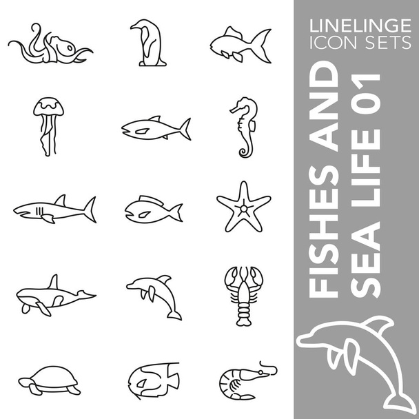 Premie lijn pictogram set van dier, vissen, schaaldieren, rif en zeeleven. Linelinge, moderne outline Symbol collectie - Vector, afbeelding