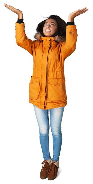 young cute african woman in yellow jacket isolated on white background - Fotó, kép