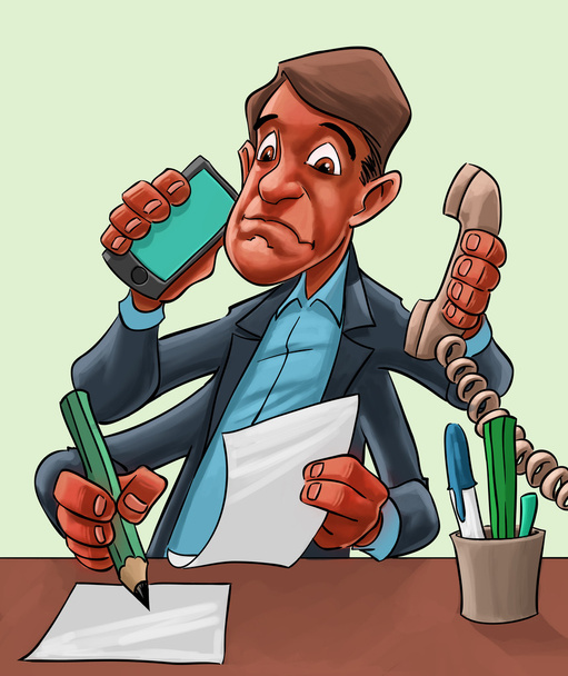 Comic-Karikatur eines Mannes Multitasking Comic-Karikatur eines Mannes Multitasking Comic-Karikatur eines Mannes Multitasking - Foto, Bild