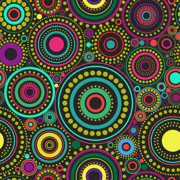 bright seamless abstract pattern of colorful circles and dots on black background. Kaleidoscope backdrop. - Vector, imagen
