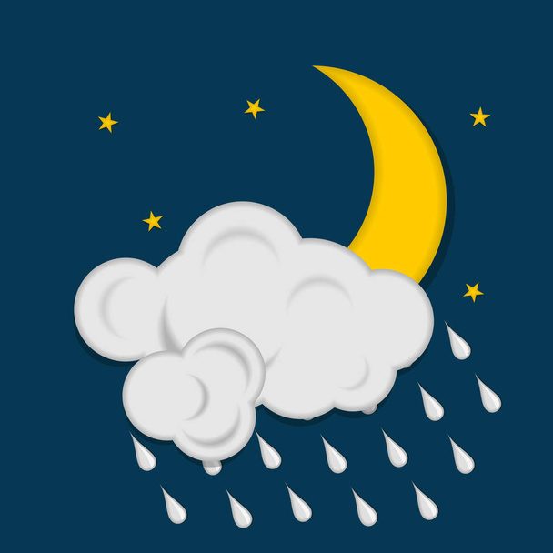 Księżyc z gwiazd chmur i deszczu na ciemnym niebieskim tle. Ikony pogody. Ilustracja wektorowa  - Wektor, obraz