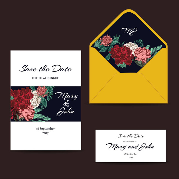 A set of invitation cards for the wedding. Postcards with floral ornament. Envelope, greeting card, business card, seamless background in the style of full-color ornaments.. Dahlias, Ruscus, Viburnum. - Vector, Image