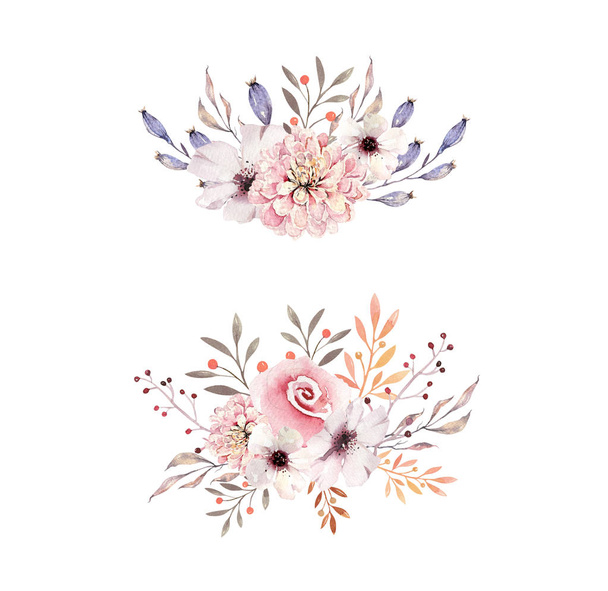 Set of watercolor boho floral bouquets - Foto, Imagen