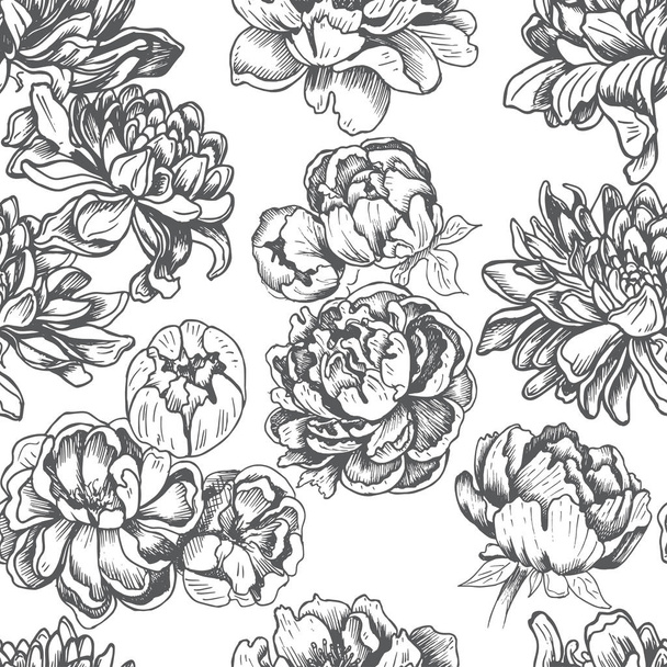 Seamless pattern with chrysanthemum and peony flowers - Vector, Image