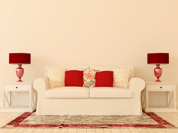 Sofá branco com decoração vermelha
 - Foto, Imagem