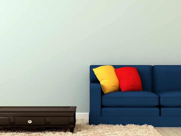 niebieska sofa z kolorowe poduszki i stolik kawowy - Zdjęcie, obraz