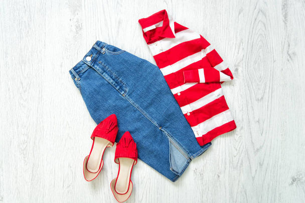 Jeans skirt, red shoes, white and red shirt, collage. Fashionable concept. - Photo, Image