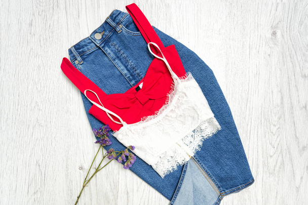 Jeans skirt, red and white top, collage. Fashionable concept. - Photo, Image