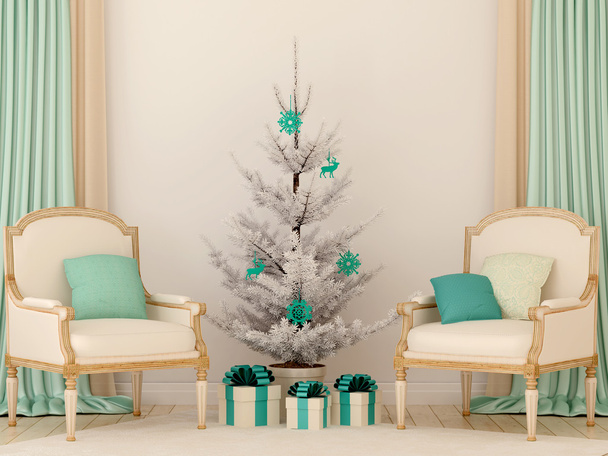 Két klasszikus szék és fehér karácsonyfa - Fotó, kép