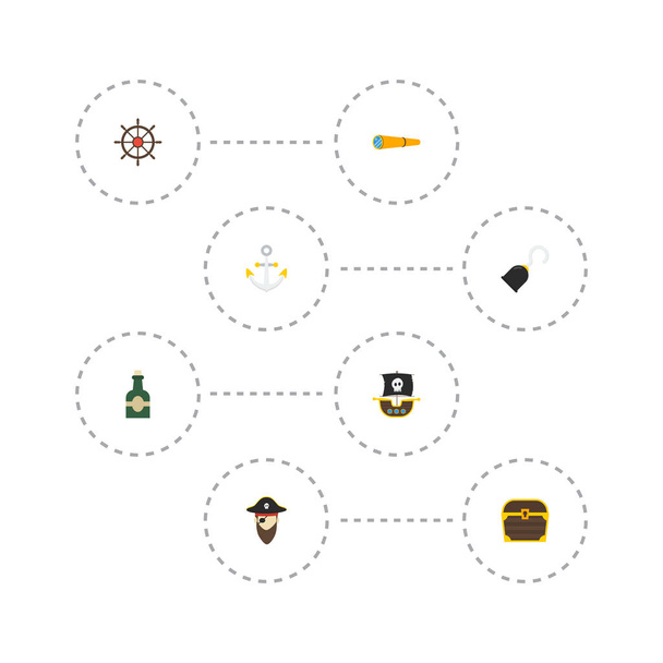 Lapos ikonok mellkas, hajó, kalóz és egyéb vektor. Corsair lapos ikonok szimbólumok is tartalmaz kézi, üveg, horog objektumok. - Vektor, kép