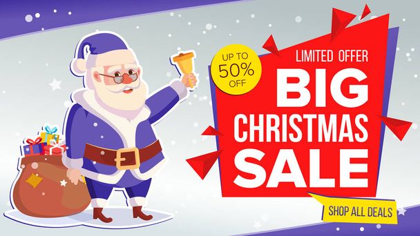 Christmas Sale Banner Vector. Cute Xmas Santa Claus. Crazy Sale Poster. Cartoon Business Brochure Illustration. Design For Xmas Banner, Brochure, Poster, Discount Offer Advertising. - Vector, Image