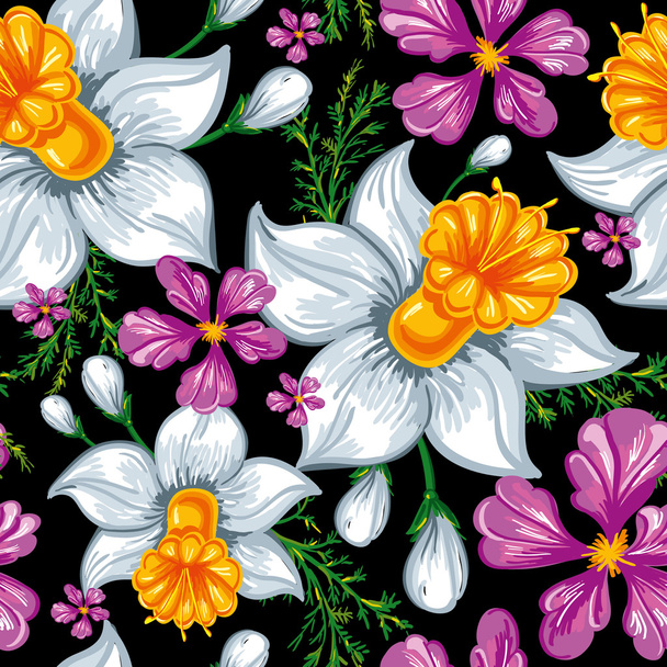 Seamless pattern with narcissus and iris - Vector, Image