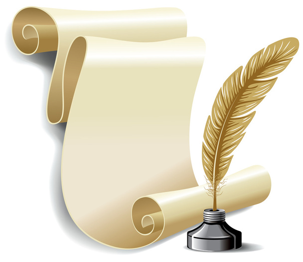 Roll of old paper and feather in the inkwell - Vector, Image